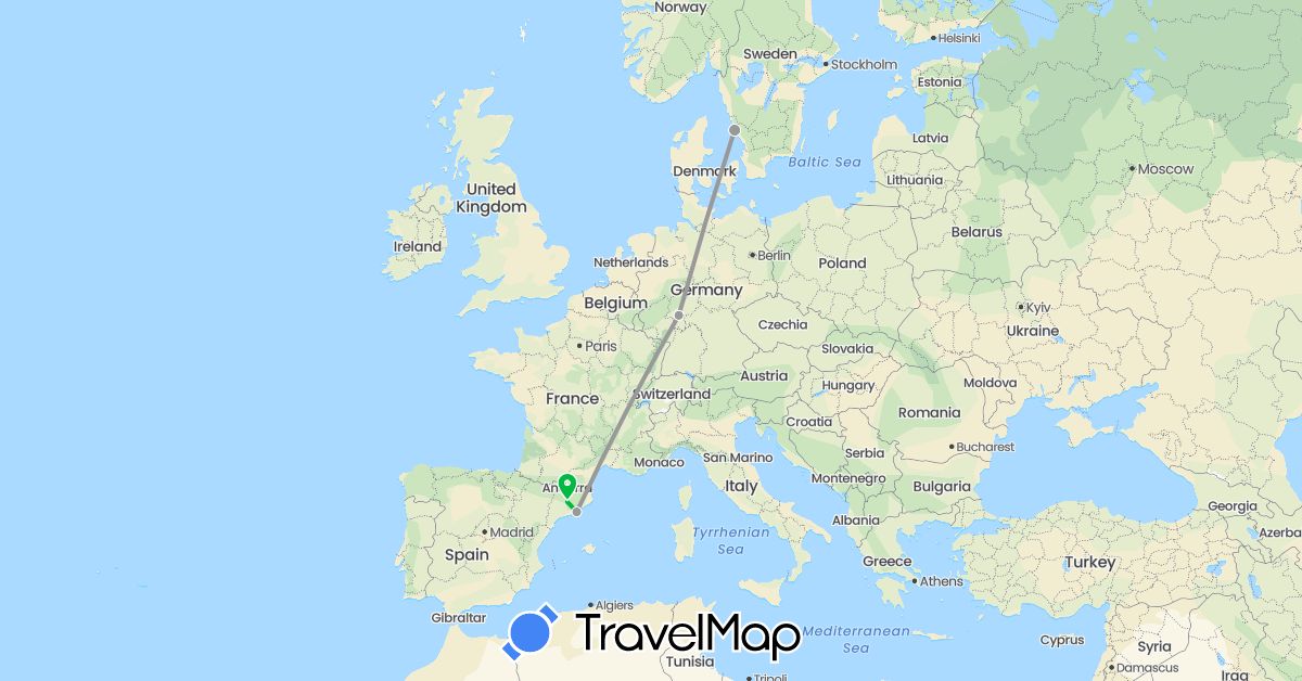 TravelMap itinerary: driving, bus, plane in Germany, Spain, Sweden (Europe)